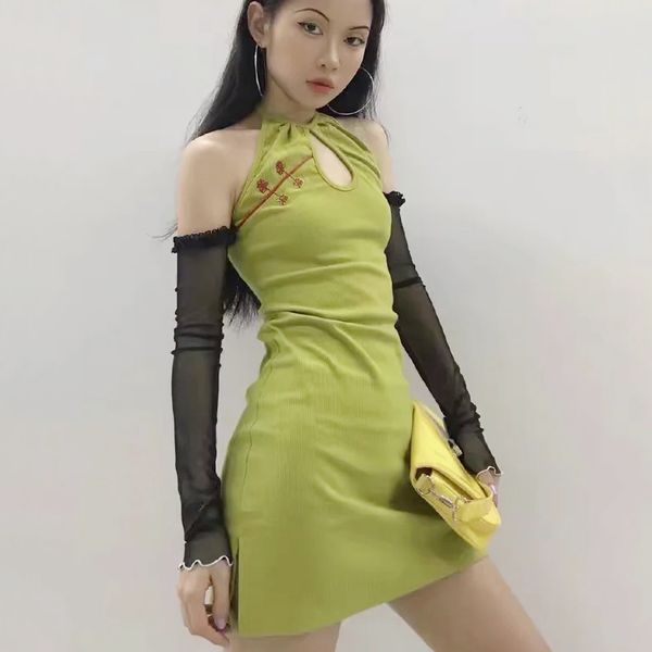 

women chinese style halter cut out embroidery mini dress with detachable mesh sleeves, Black