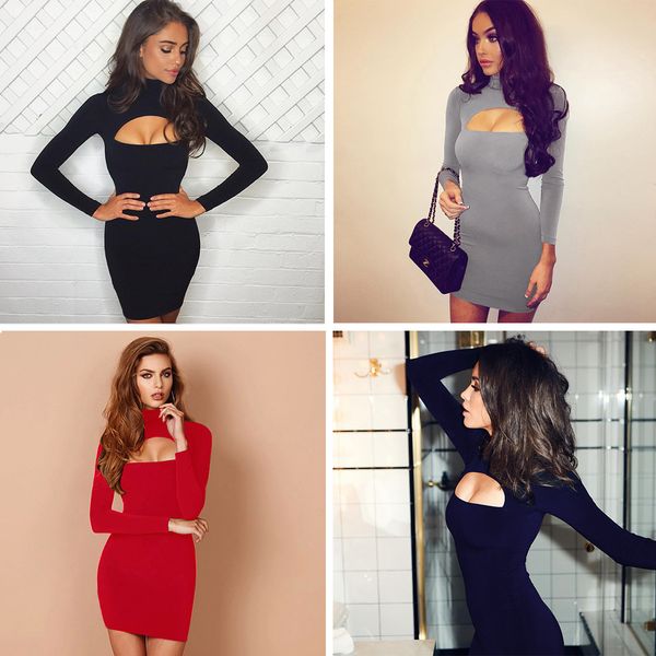 

womens designer fashion dresschest hollow long sleeve slim hip nightclub dress, Black;gray