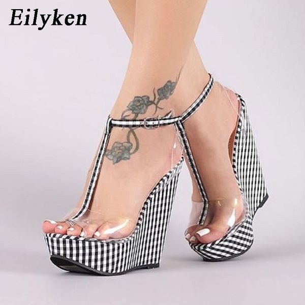

eilyken fashion gingham thick bottoms wedge sandals femme ankle buckle strap platform high heels pvc transparent women shoes y200702, Black