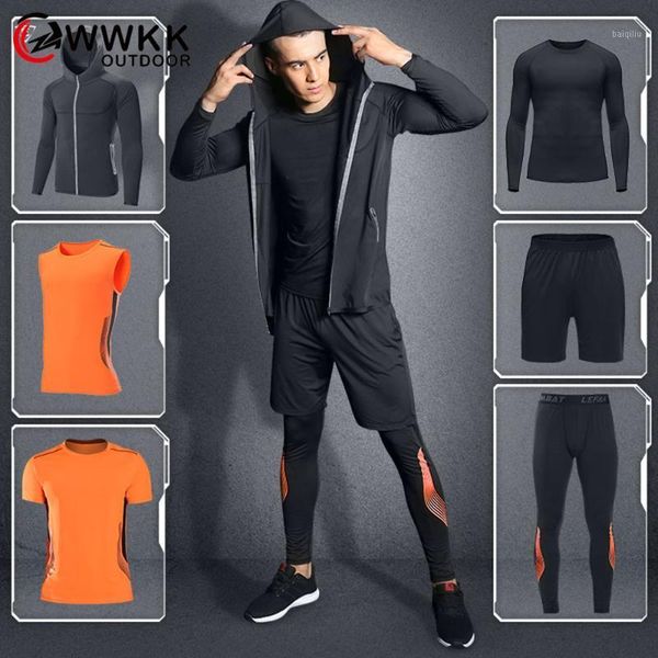 

wwkk men's yoga shorts+hooded coat+t shirt+vest+long sleeve tee+pants 6 pieces set outdoor running quick dry fitness sports sets1, White;red