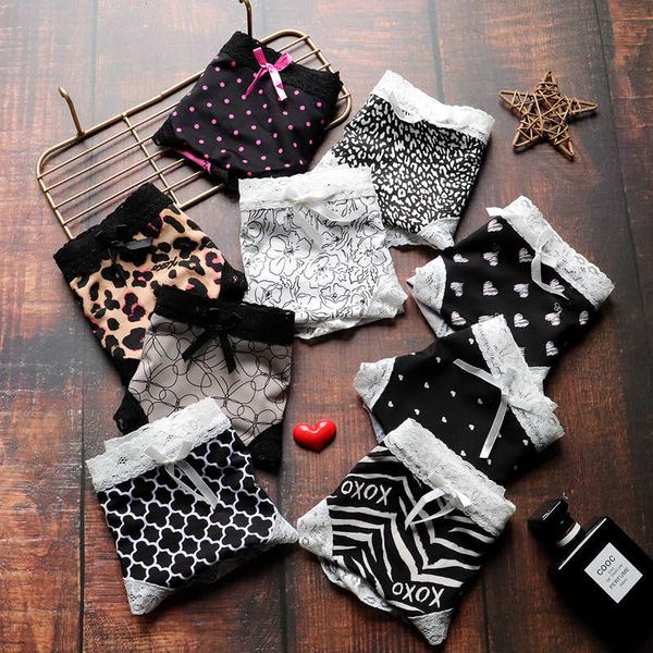 

girls printing seamless nylon low waist leopard panties female lace women's cotton file, Black;pink