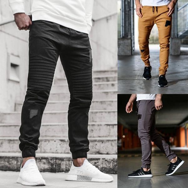 

брюки мужские 2020 новых тенденции моды мужчина solid color hole кулиска плиссе сыпучего hip hop joggers мужских брюк, Black