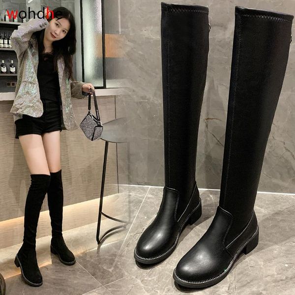 

wohdhe fashion long boots square heels4.5cm over the knee autumn winter pu boots thigh high heels designer flock women, Black
