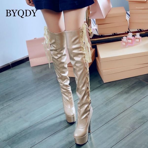 Byqdy Winter Woman Sapatos Sexy Black Round Round Stiletto Saltos altos sobre botas de joelho Gladiator Lace Up Thigh High Boots feminino1