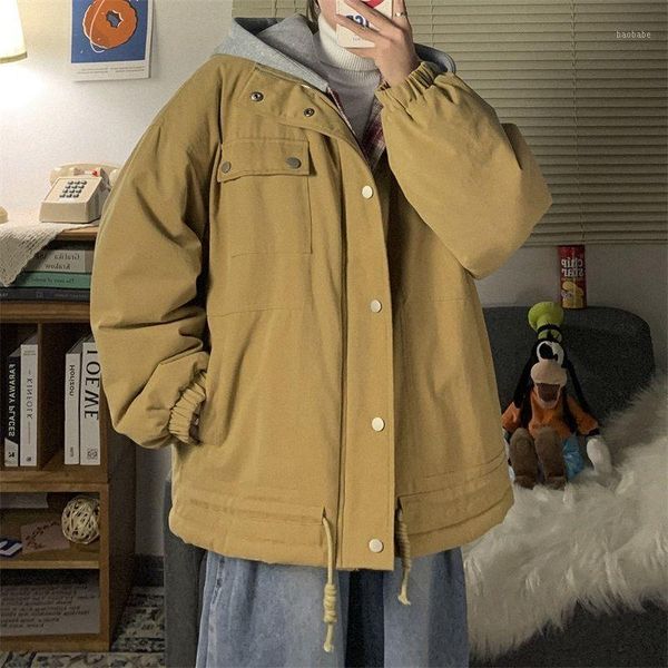 

winter jacket men's warm fashion cotton casual thicken hooded coat men wild loose korean plaid short coat mens clothes m-2xl1, Black