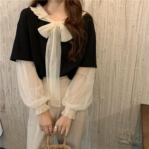 

ulzzang spring fall sweet bow shirts streetwear women's clothing blouses chic korean fashion ladies fake two plus size ins, White
