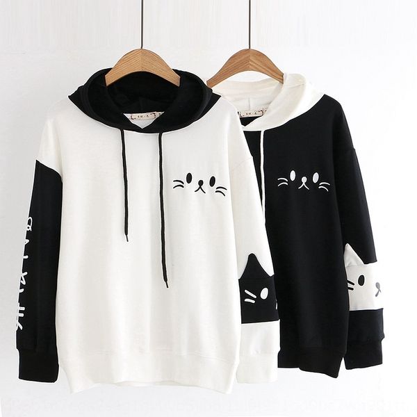 

2020 autumn school style small fresh cartoon embroidery kitten terry hooded long sleeve wool ring wool ring cotton embroidered terry cotton, Black