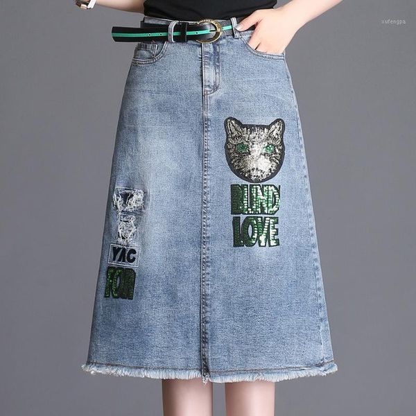 

new korean style elegant fashion high waist a- line dress burr medium-length dress fashion harajuku cat embroidered denim skirt1, Black