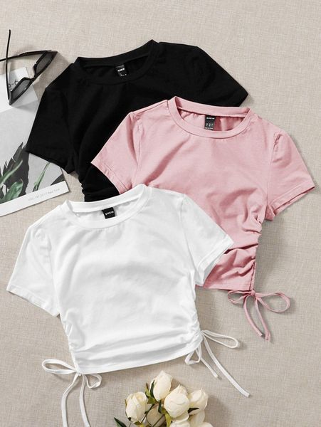

3pcs drawstring ruched side tee h6am#, White
