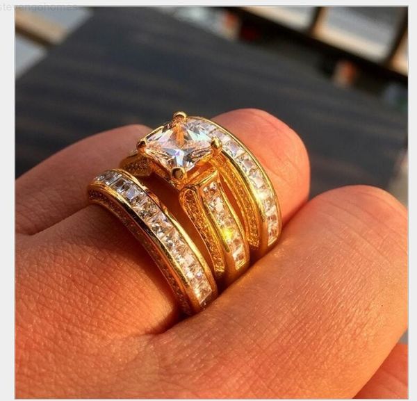 

factoryoe7920ct jewelry princess cut vecalon cz diamond fine engagement wedding band set for women 14kt white gold filled finger ri, Slivery;golden