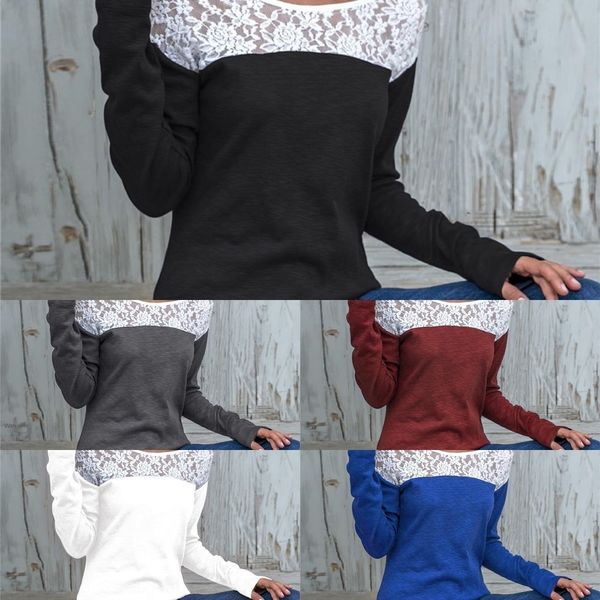 

ps9gd stitching and autumn spring solid color round neck long sleeve women's lace lacet-shirt lace t-shirt 3023 qjbhq, White