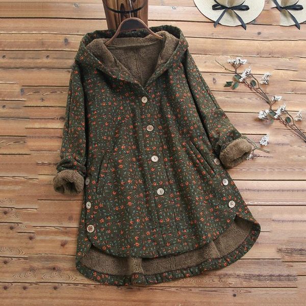 

womens winter warm outwear floral print hooded pockets vintage oversize coats jacket fur button coat outwear woman coats#j30, Black;brown