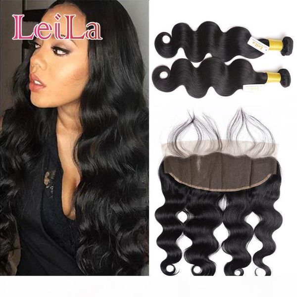 

malaysian 2 bundles with 13 x 4 lace frontal 3pcs set body wave human hair virgin hair wefts with closure, Black;brown