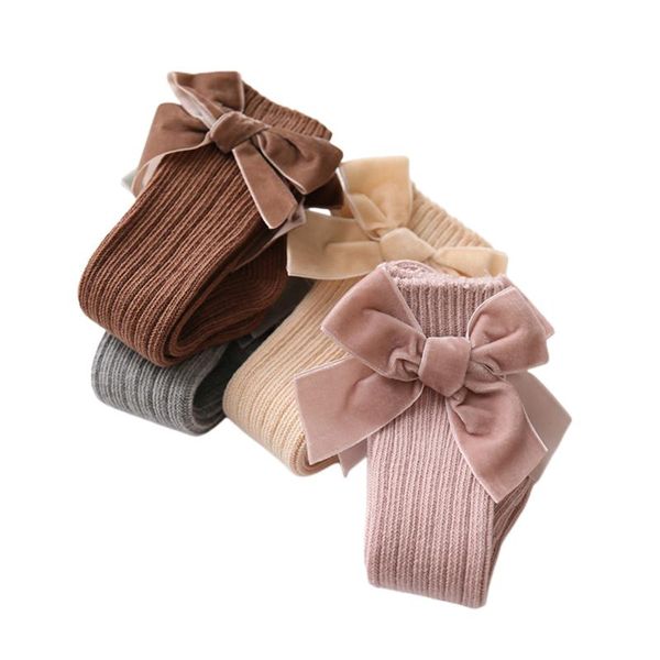 

socks baby girl knee high winter warm rib knitted stockings with big velvet bow for infants toddlers, Pink;yellow