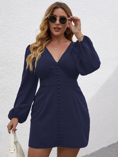 

plus single breasted ruched v neck dress k4l1#, Black