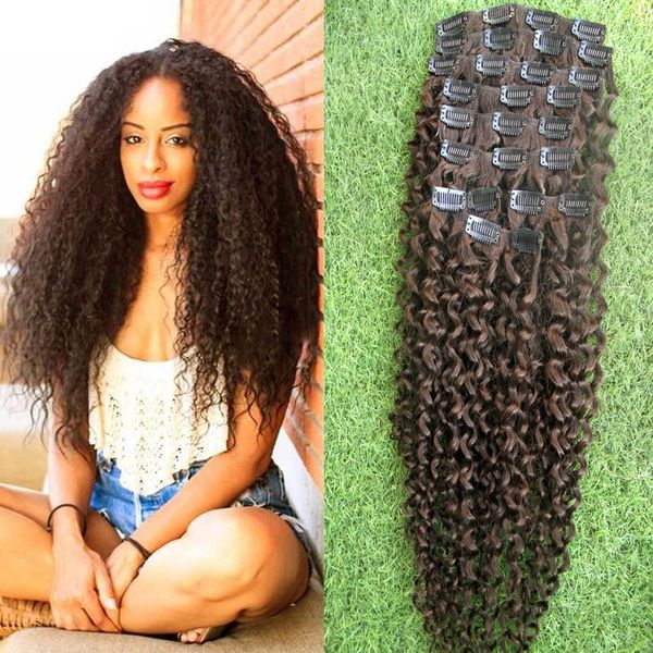 

9pcs afro kinky curly clip in human hair extensions brazilian remy hair 100% human hair natural brown clip ins bundle 100g, Black;brown