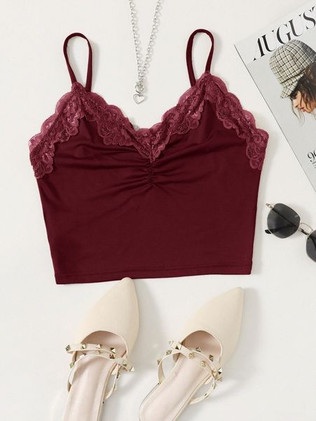 

lace panel ruched cami n2tk#, White