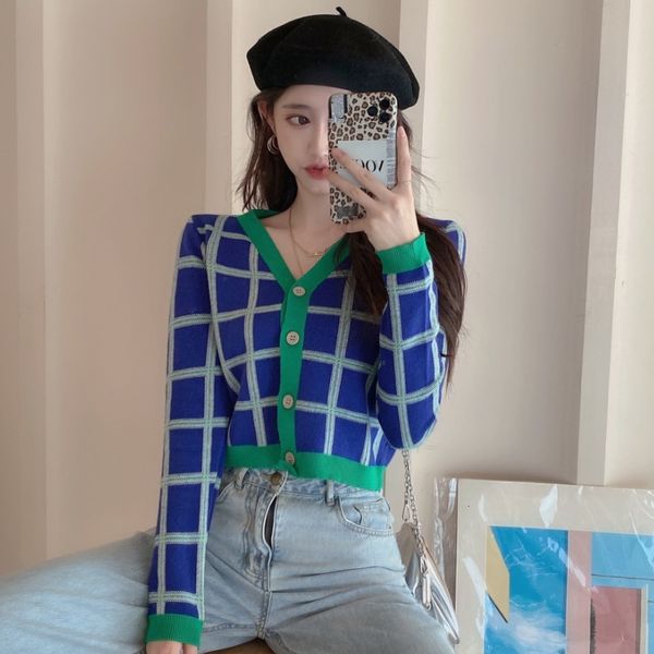 

autumn 2020 new color block plaid long sleeve knitwear short v-neck cardigan outerwear for women
