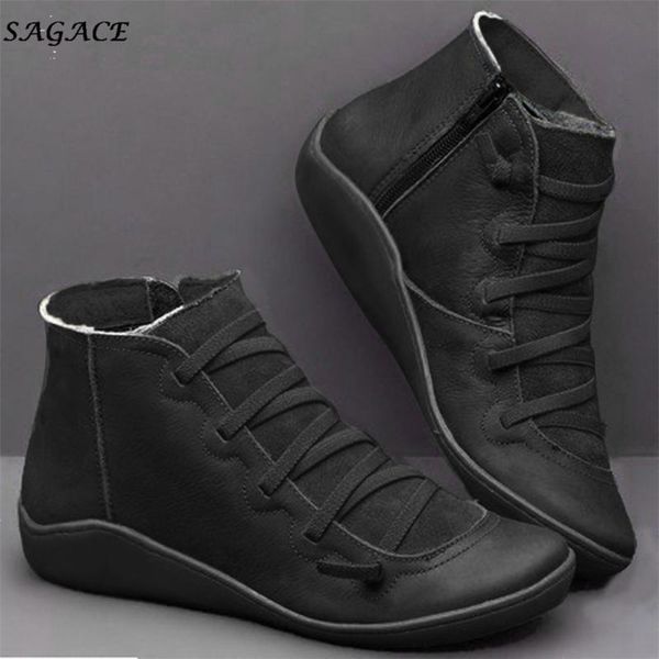 

women flat heel round head boots ladies leather retro lace-up boots sagace zipper round toe shoes christmas winter snow, Black