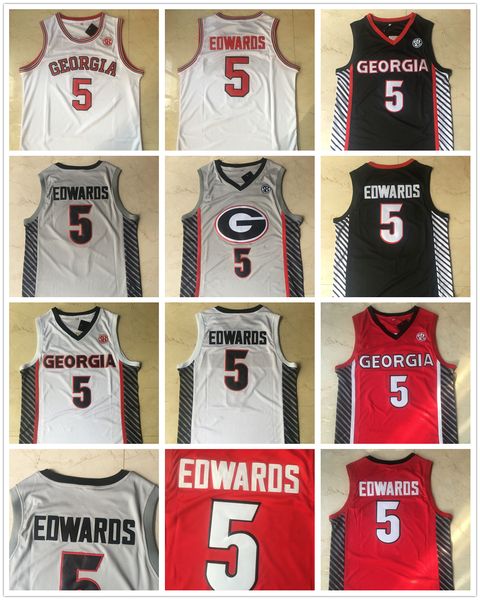 

ncaa 5 anthony edwards georgia bulldogs basketball stitched mens jersey white grey red black size s