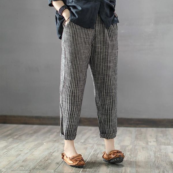 

women high elastic waist long stripe harem pants loose trousers cotton linen pencil pantalon casual turnip plus size, Black;white