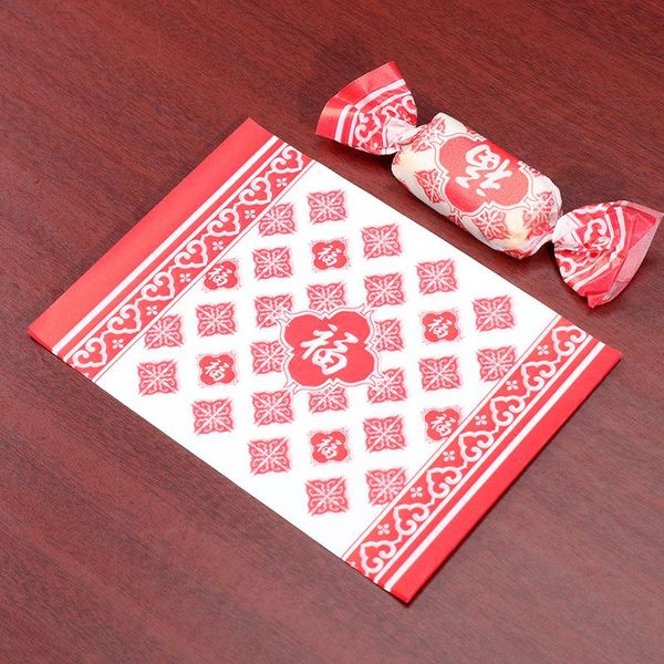 

gift wrap 500pcs/lot nougat packaging paper chinese style knot lucky pattern blessing red homemade candy retro bag
