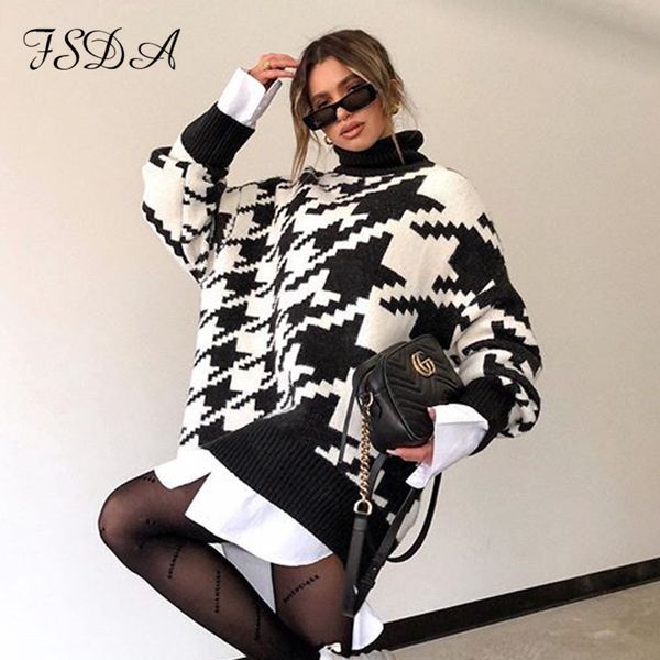 FSDA manica lunga autunno inverno abito maglione oversize donna dolcevita nero casual maglia mini pied de poule abiti da festa sexy Y0118