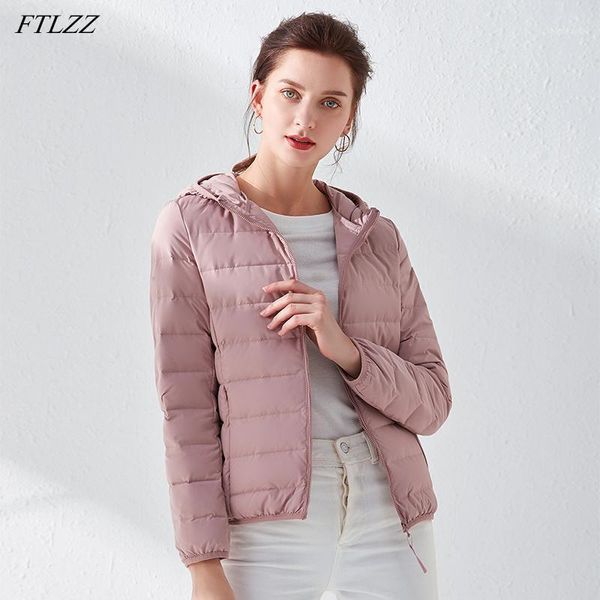 

ftlzz new autumn winter women ultra light short down coat 90% white duck down parkas hooded slim zipper snow jacket outwear1, Black