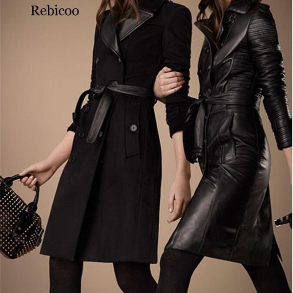 

new autumn winter women vintage pu leather lapel jacket double breasted black trench coat motorcycle casual soft long overwear 201020