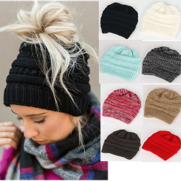 

beanie/skull caps solid color knitted warm hat with hole for tie hair women winter all-matched rib beanie cap  adult, Blue;gray