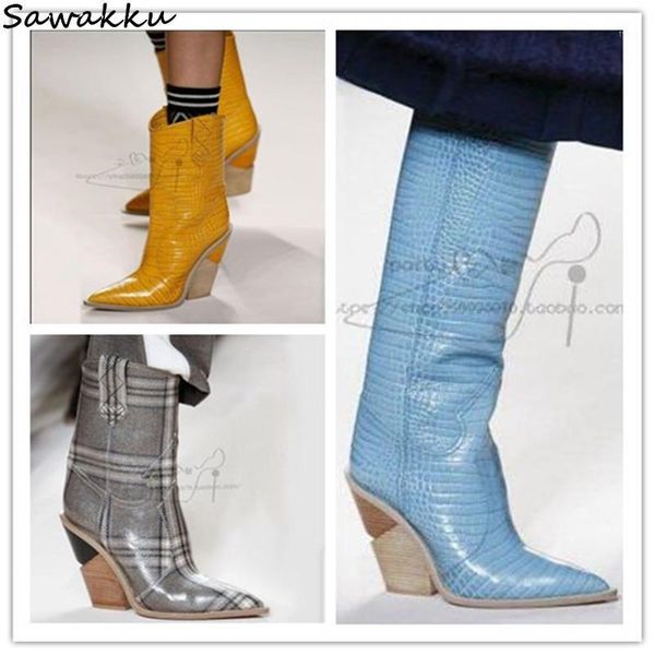

boots blue yellow snakeskin women knee high leather pointed toe western cowboy chunky wedges kendall runway shoes woman1, Black