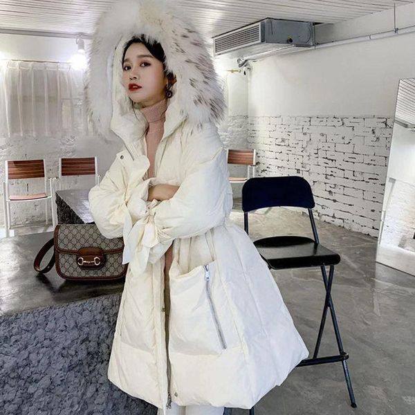 

women's down & parkas women 2021 winter white duck real raccoon fur collar outwear female thicken bow hooded coat ladies slim warm jack, Black