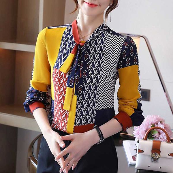 

women's blouses & shirts woman feminina vintage blouse fashion clothes 2021 spring bow long sleeve printed female d0012, White