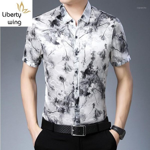 

summer business casual 100% short sleeve men loose vintage style silk printed formal shirt chemise homme1, White;black