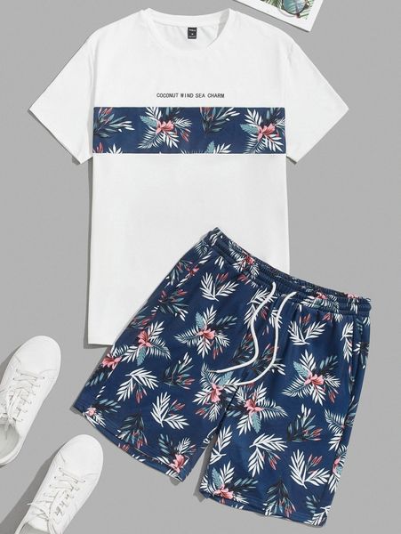 

men floral and slogan graphic tee and shorts set p1cn#, Gray