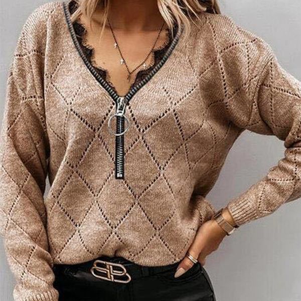

2021 new women spring lace patchwork argyle plaid solid casual long sleeve loose pullover autumn female chic zipper v neck k69b, White;black