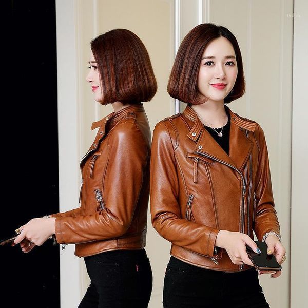 

2021 autumn new sheepskin leather leather women's short lapel slim motorcycle suit jacket1, Black