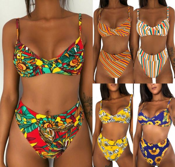 

women's bikinis set high waist swimwear swimsuit push up padded bra beachwear v neck summer ladies print beach stripe 2019, White;black