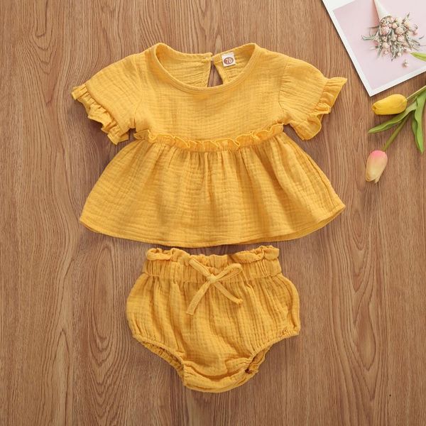 

clothing sets 0-24m summer outfits born infant baby girls boys solid ruffles back button keyhole short sleeve t shirts +shorts, White