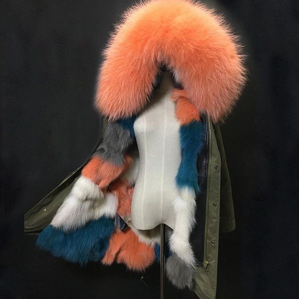 

2020 women real fur coat long parkas winter jacket women natural raccoon fur collar hooded thick warm parka, Black