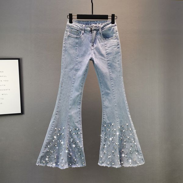 

blue women's 2020 autumn new elastic slim-fit mid-waist beaded diamondwide leg bell-bottom flare jean pants students jeans