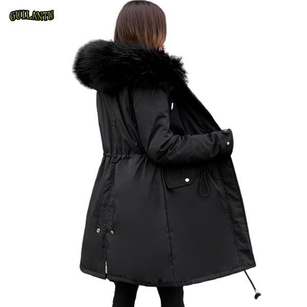 

guilantu winter long coat women plus size casual hooded fur collar parka mujer 2019 faux wool liner cotton padded jacket womensx1016, Black;brown