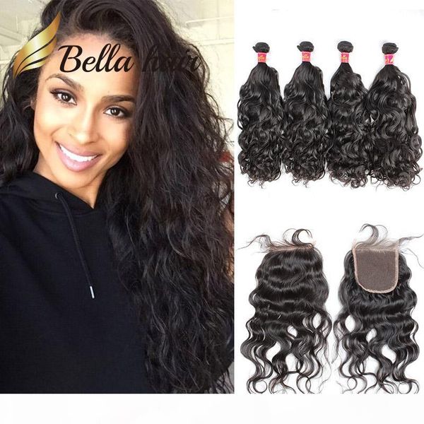 

4bundles brazilian natural wave virgin hair weaves with closure 4"*4" bella human hair lace closure with baby hair 5pcs lot be, Black;brown