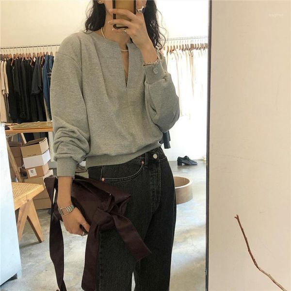 

v-neck hoodies sweatshirts women long sleeve letter print pullovers korean autumn winter casual streetwear warm vintage x8091, Black