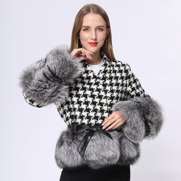 

janefur fashion slim plaid wool coat women winter houndstooth belt short fur jacket autumn warm thick tweed overcoat female1, Black