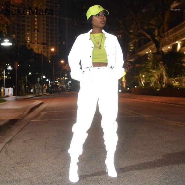 

anjamanor fashion trendy reflective tracksuit women two piece set and pants streetwear sweatsuit club outfits d0-ai231, White