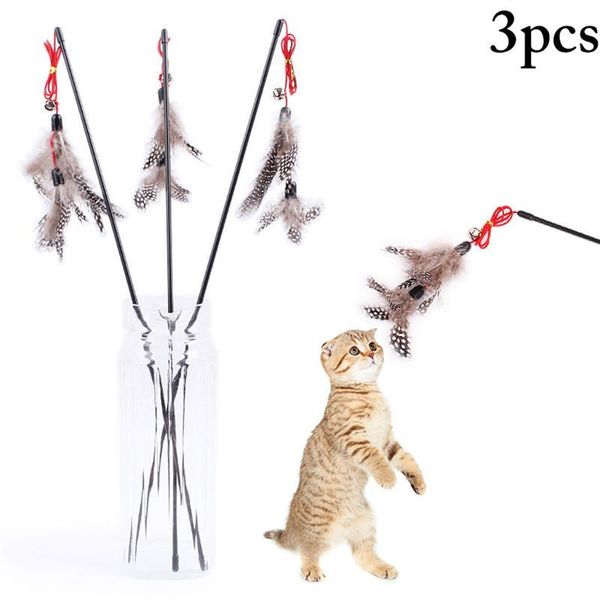 

cat toys 3pcs pet teaser feather wand catcher stick interactive wood rod toy with mini bell for cats kitten