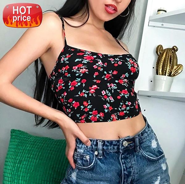

2020 floral print sleeveless strap tank vest crop cute summer women fashion streetwear bodycon slim tank outfits camis #5n5t, White