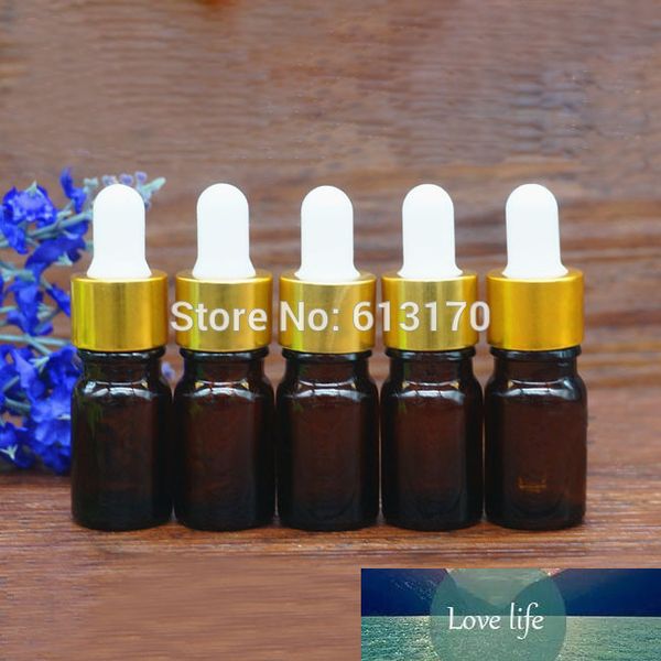 50pcs New Arrival 5 ml frascos de vidro âmbar conta-gotas, 5cc frasco vazio Oil pequenos frascos de amostra essenciais com borracha branca Anéis de ouro