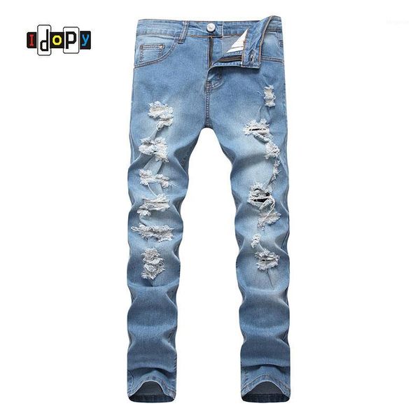 

idopy men`s fashion ripped jeans stretchy hip hop street style vintage washed brand designer denim joggers for male1, Blue